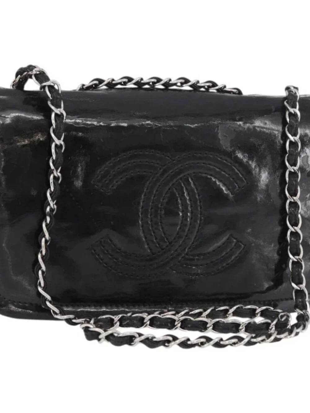 CHANEL COCO Mark Chain Shoulder Bag Patent leather Black Silver CC Auth 170006